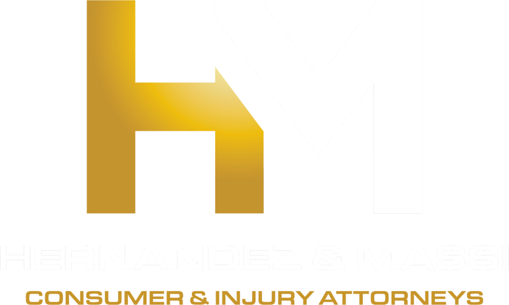 Logo with gold and white "HM" initials above the text "Hernandez & Massi Consumer & Injury Attorneys" on a light background.