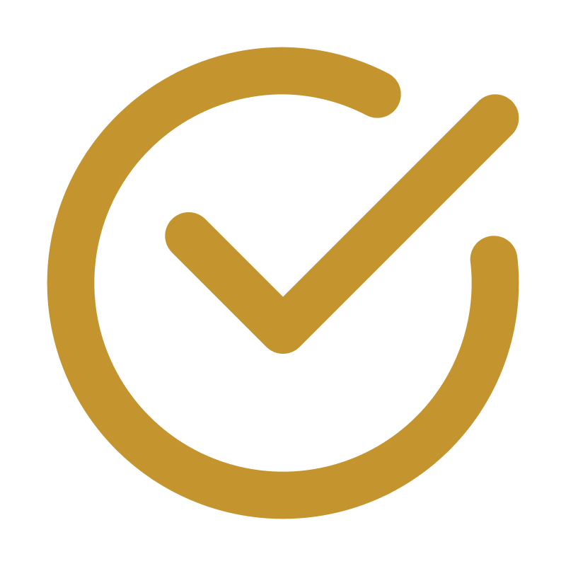A gold check mark inside a partial gold circle on a light gray background.