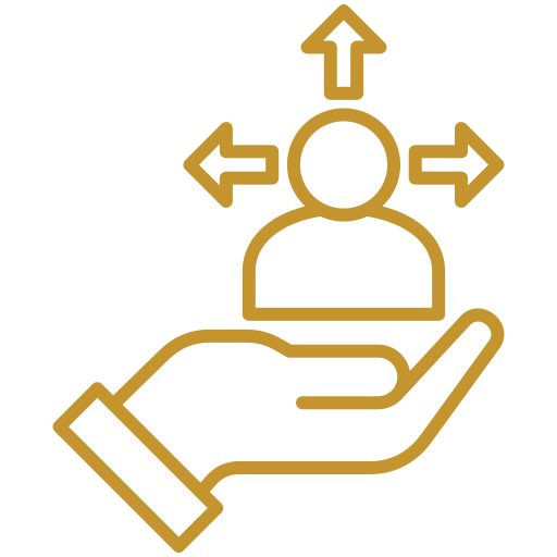 A hand holds a person icon with three arrows pointing outward, symbolizing support or opportunities for growth and choice.