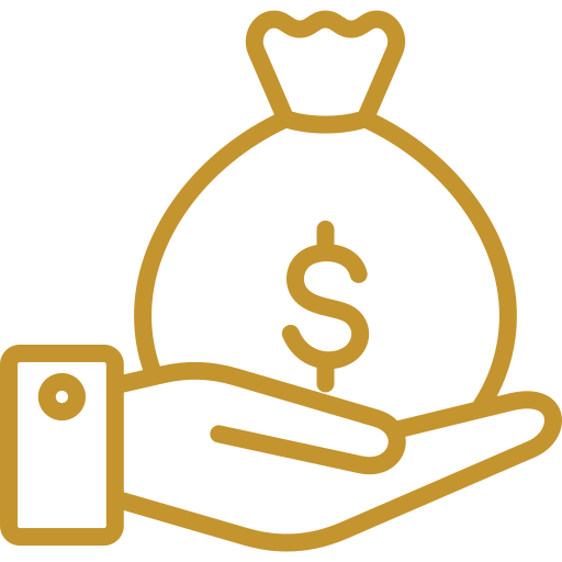 A simple gold outline of a hand holding a money bag with a dollar sign on it, symbolizing financial support or monetary transaction.
