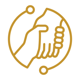 Gold outline icon of two hands shaking, surrounded by a partial circular border with two dots at each end.