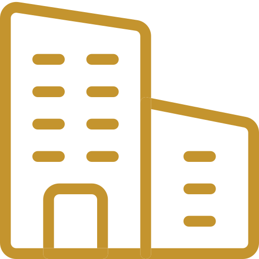 Simple icon of two gold-colored buildings with rectangular windows and a doorway on a light background.