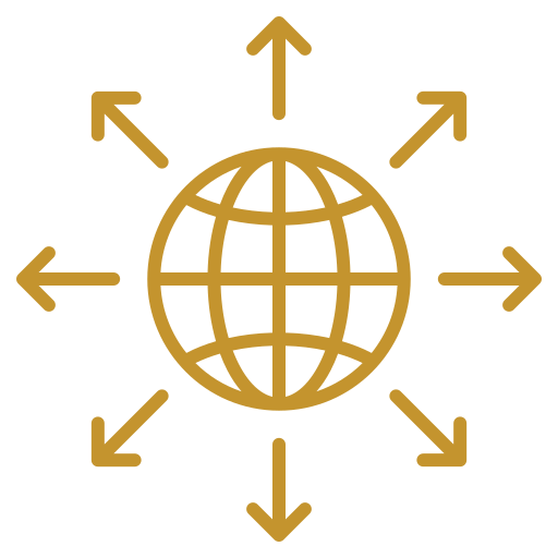 A gold globe icon with latitude and longitude lines, surrounded by eight outward-pointing arrows, represents the reach of a Las Vegas personal injury lawyer, set on a light gray background.
