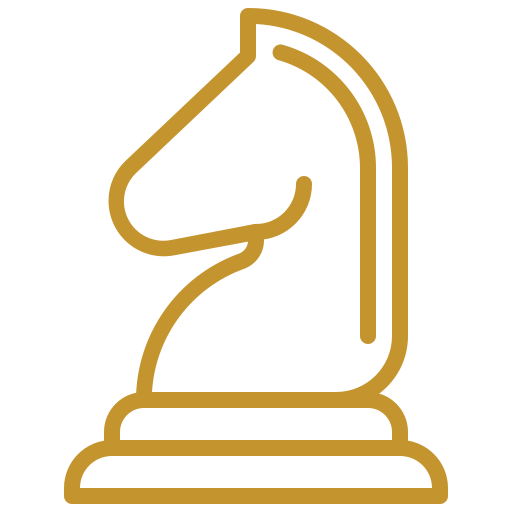 Simple gold outline illustration of a chess knight piece facing left on a light gray background.