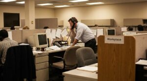 man standing at office cubicle desk talking on telephone near Workplace sign
