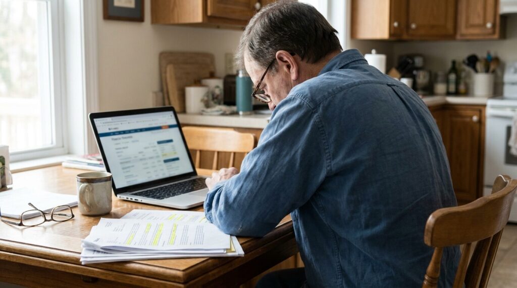 man reviewing highlighted documents at kitchen table with open laptop