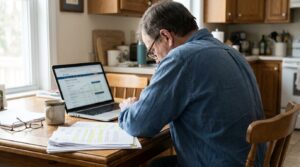 man reviewing highlighted documents at kitchen table with open laptop