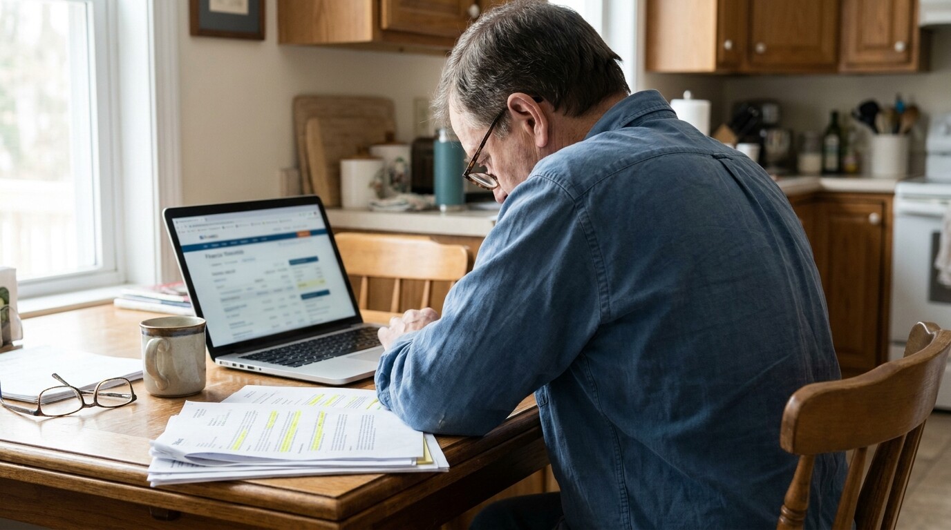 man reviewing highlighted documents at kitchen table with open laptop