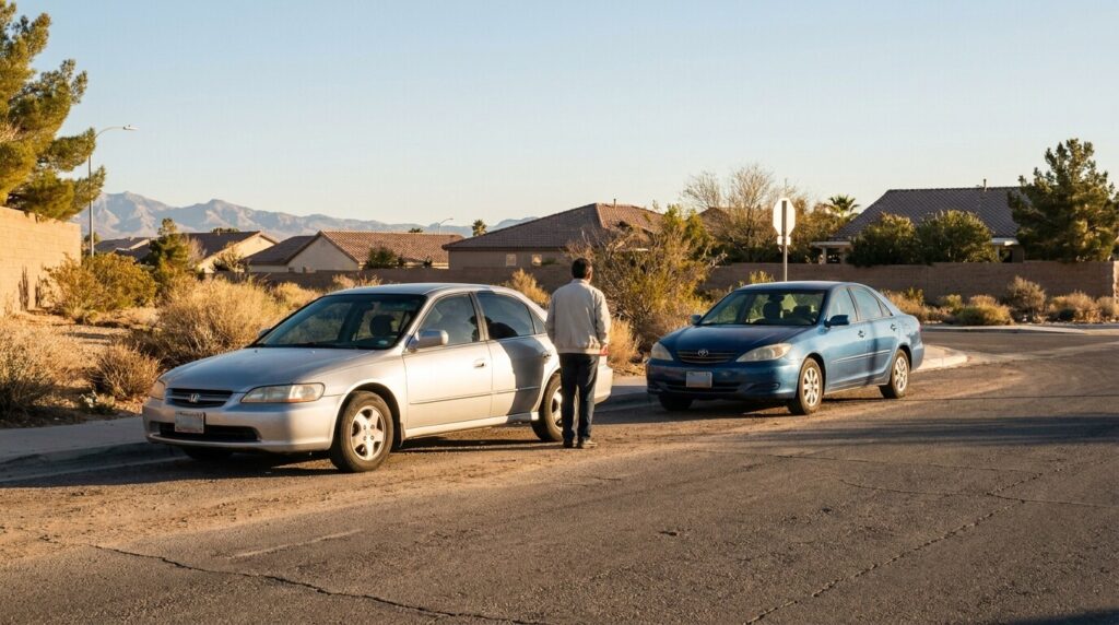 person standing between two sedans after vehicle collision on residential street