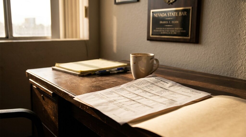 Credit Bureau report on attorney desk below Nevada State Bar plaque