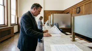 attorney reviewing Probate Court documents at marble courthouse clerk counter