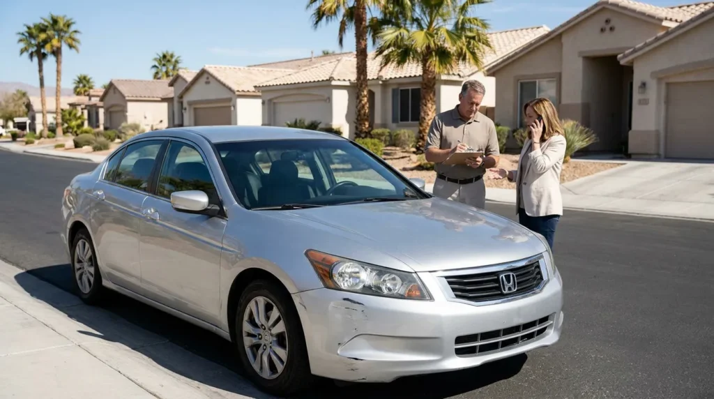 man writing on clipboard beside damaged Honda sedan while woman talks on phone