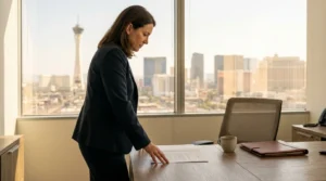 female attorney reviewing legal documents at office desk overlooking city skyline