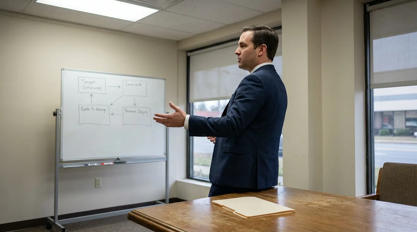 suited attorney presenting personal injury case diagram on office whiteboard