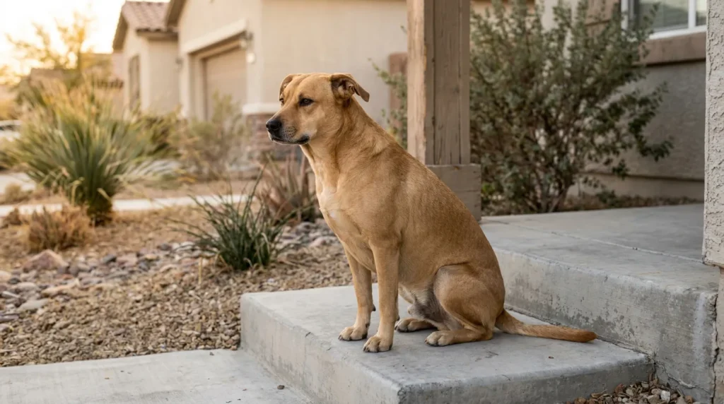 medium-sized dog sitting on concrete front porch steps outside residential home
