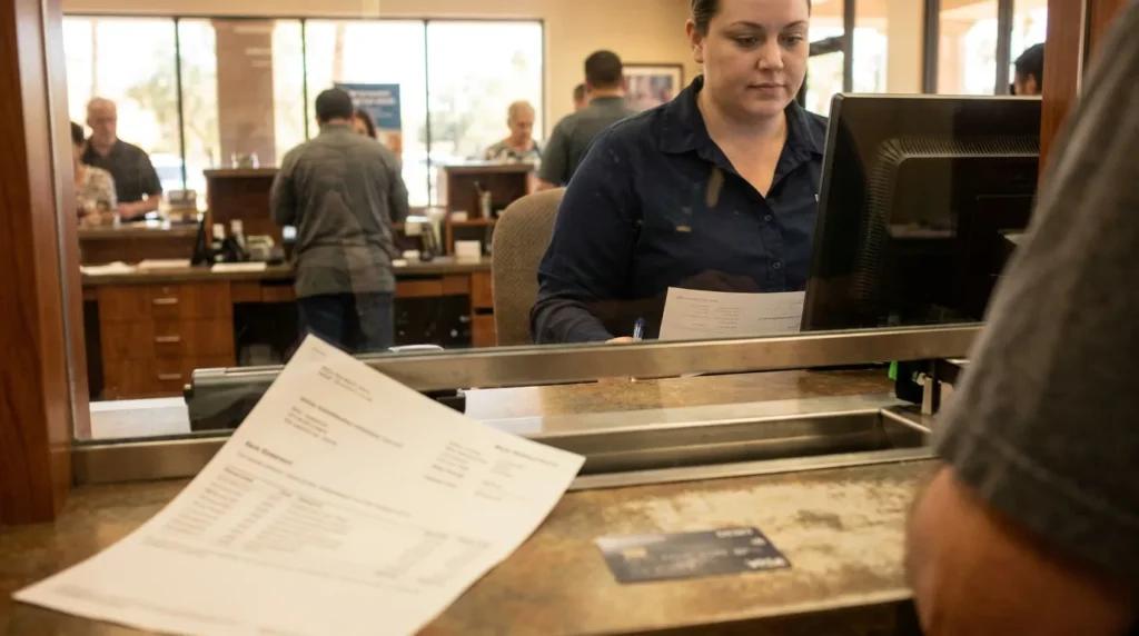 bank teller reviewing documents at counter with credit card and forms