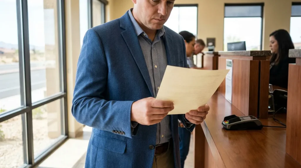 man in blazer reading document while standing at office service counter