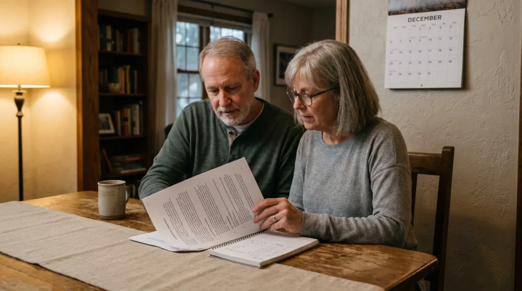 older couple reviewing printed legal documents together at home dining table