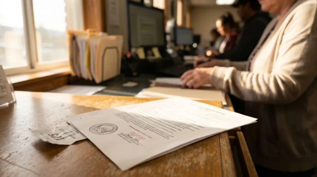 official stamped legal document on courthouse clerk desk with staff working