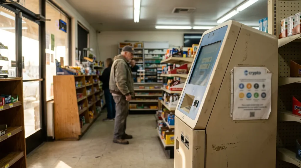 Convenience store cryptocurrency ATM kiosk with customer browsing shelves near checkout counter
