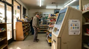 Convenience store cryptocurrency ATM kiosk with customer browsing shelves near checkout counter