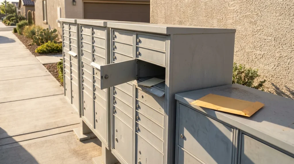 cluster mailbox unit with open compartment containing mail and envelope on top