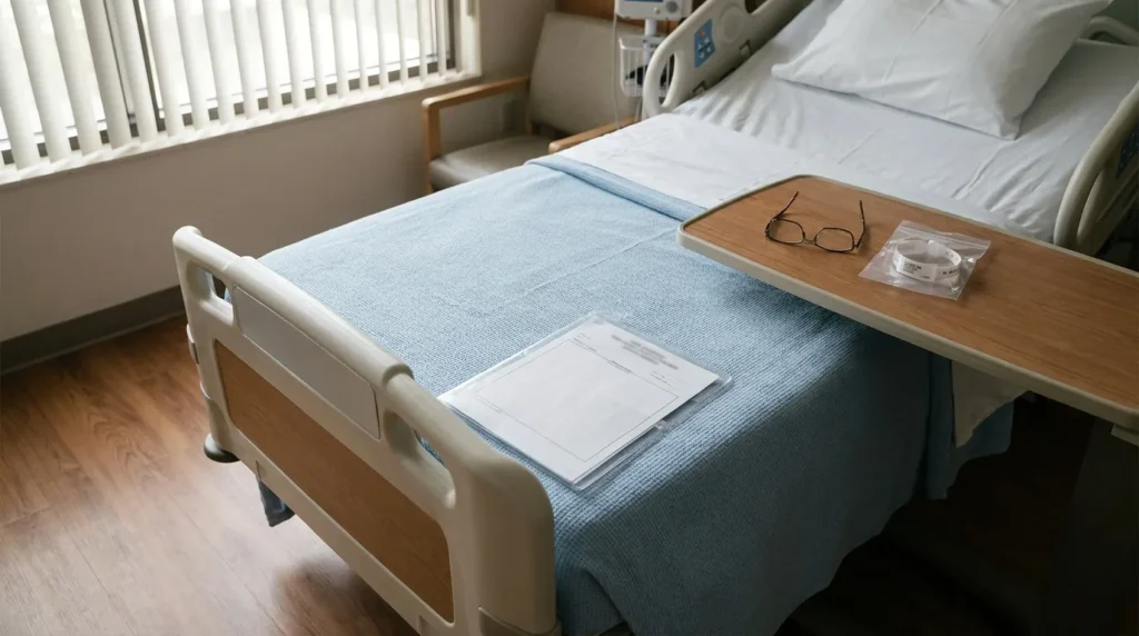 empty hospital bed with medical documents, patient wristband, and eyeglasses on tray