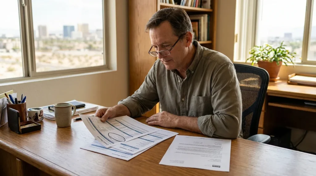 middle-aged man wearing glasses reviewing printed legal documents at office desk